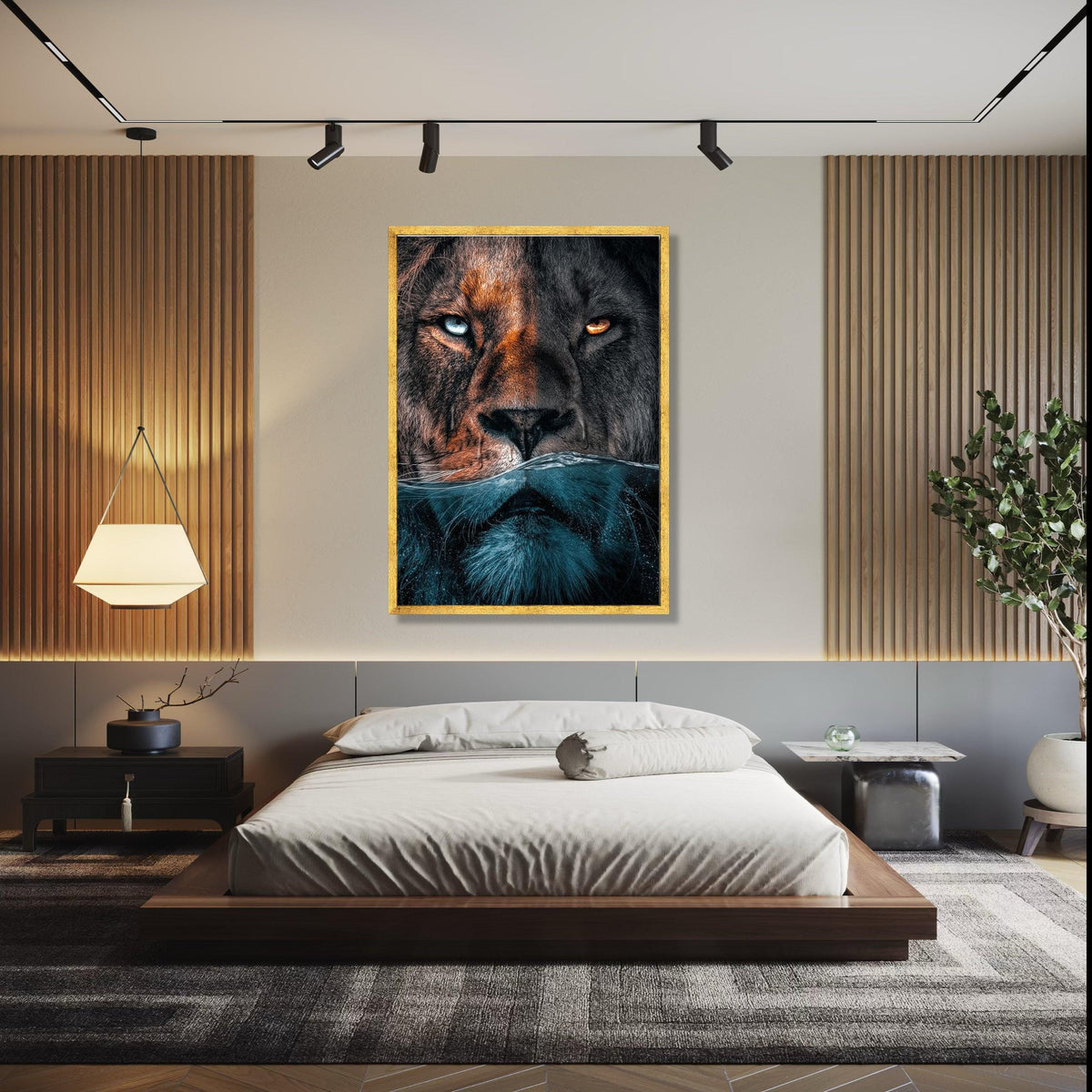 Dual Lion Face Canvas Wall Art, Half Submerged Water Effect, Animal Portrait Canvas, Wildlife Home Decor, Bold Gift Art, Home Decor, Print