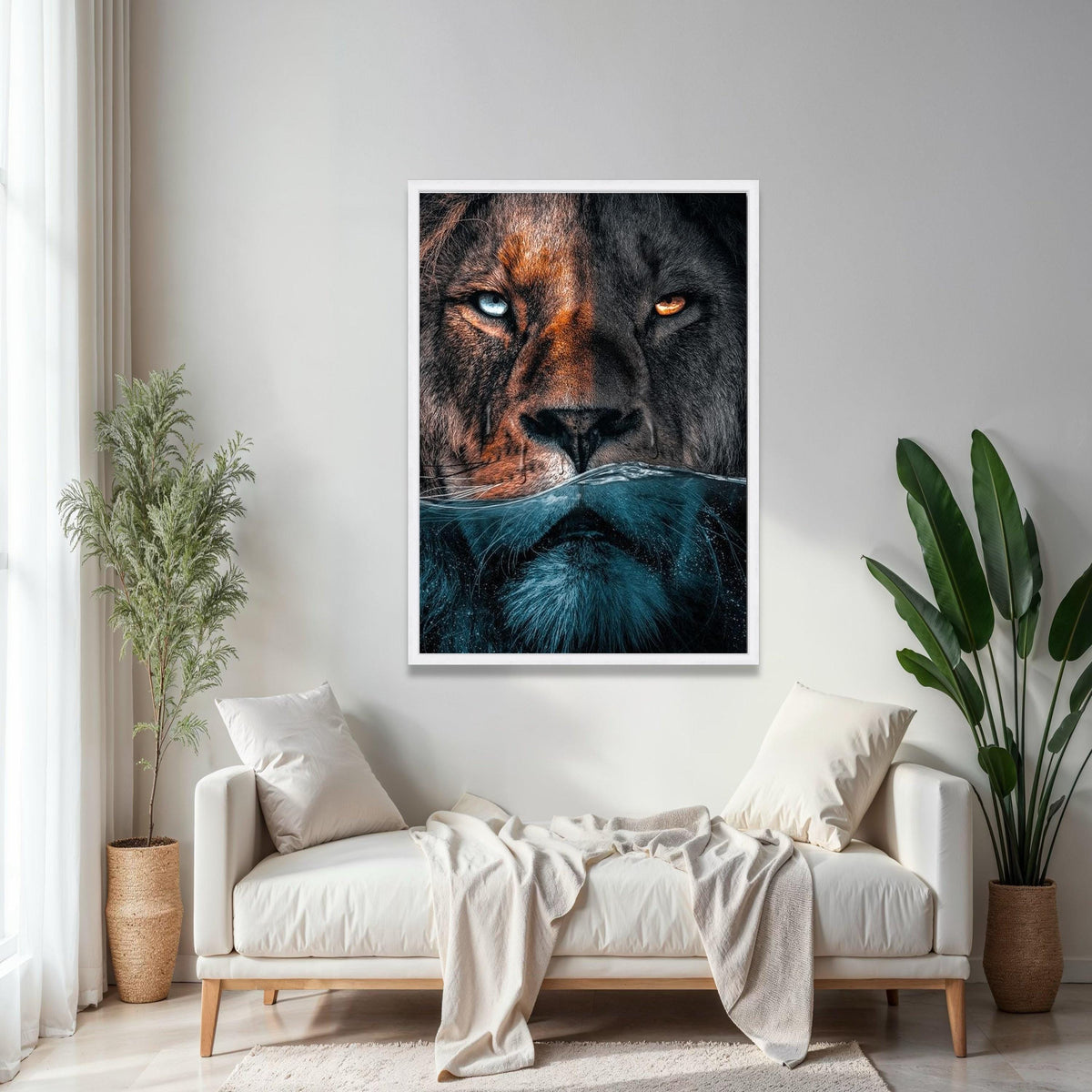 Dual Lion Face Canvas Wall Art, Half Submerged Water Effect, Animal Portrait Canvas, Wildlife Home Decor, Bold Gift Art, Home Decor, Print