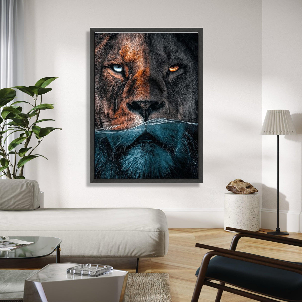 Dual Lion Face Canvas Wall Art, Half Submerged Water Effect, Animal Portrait Canvas, Wildlife Home Decor, Bold Gift Art, Home Decor, Print