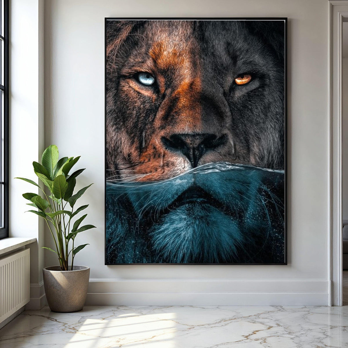 Dual Lion Face Canvas Wall Art, Half Submerged Water Effect, Animal Portrait Canvas, Wildlife Home Decor, Bold Gift Art, Home Decor, Print