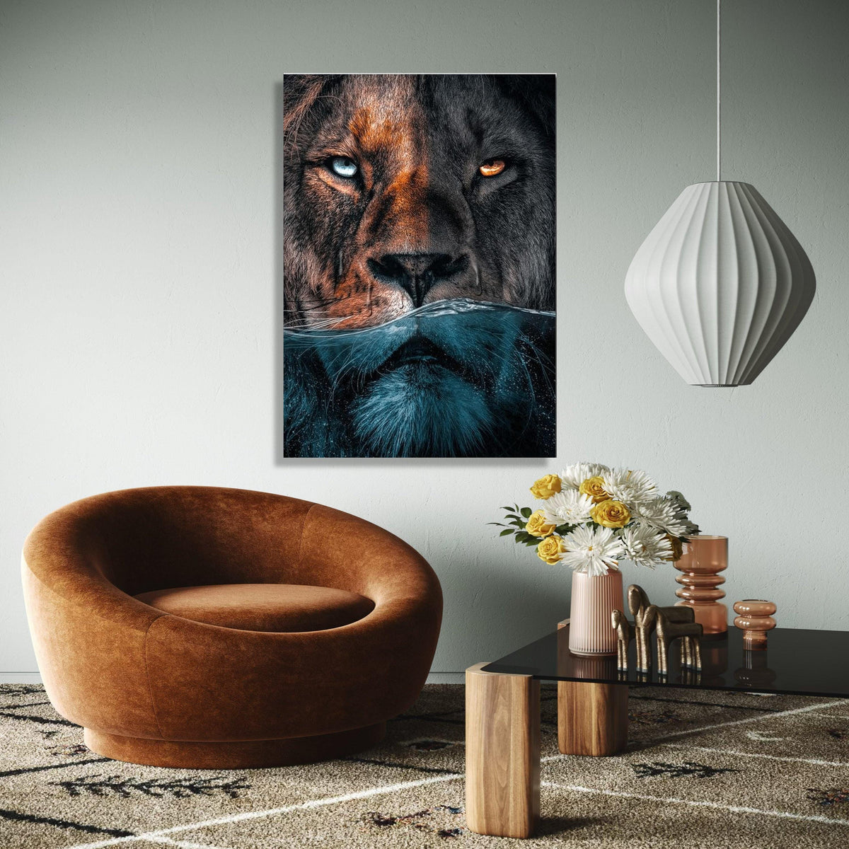 Dual Lion Face Canvas Wall Art, Half Submerged Water Effect, Animal Portrait Canvas, Wildlife Home Decor, Bold Gift Art, Home Decor, Print