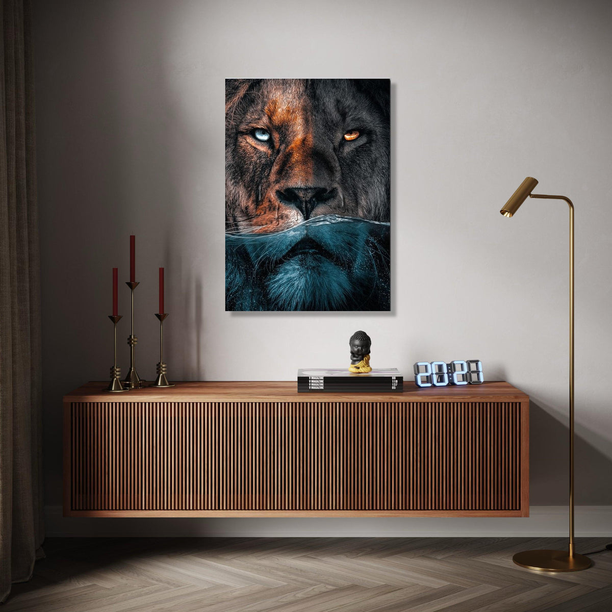 Dual Lion Face Canvas Wall Art, Half Submerged Water Effect, Animal Portrait Canvas, Wildlife Home Decor, Bold Gift Art, Home Decor, Print