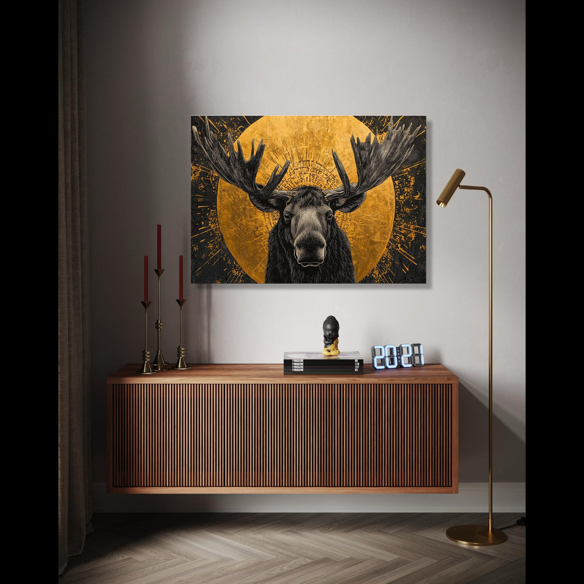 Majestic Moose Canvas Wall Art, Gold Circle Animal Portrait, Wildlife Illustration Canvas, Rustic Lodge Decor, Gift Art, Home Decor, Print