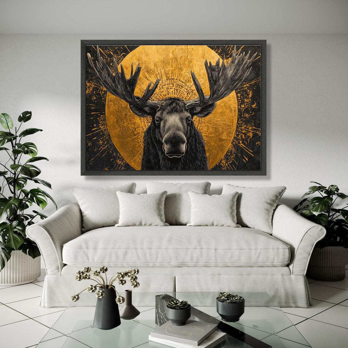 Majestic Moose Canvas Wall Art, Gold Circle Animal Portrait, Wildlife Illustration Canvas, Rustic Lodge Decor, Gift Art, Home Decor, Print