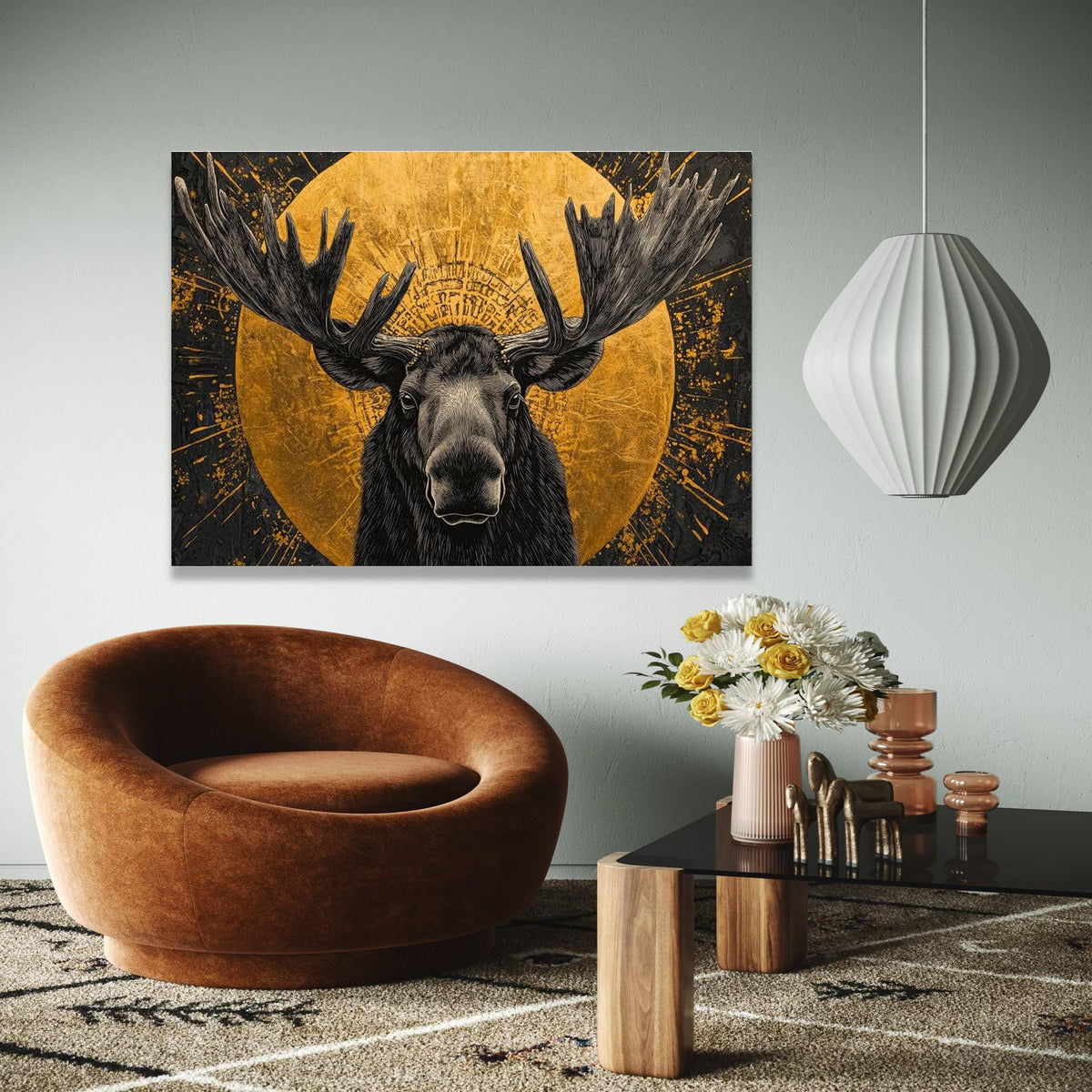 Majestic Moose Canvas Wall Art, Gold Circle Animal Portrait, Wildlife Illustration Canvas, Rustic Lodge Decor, Gift Art, Home Decor, Print