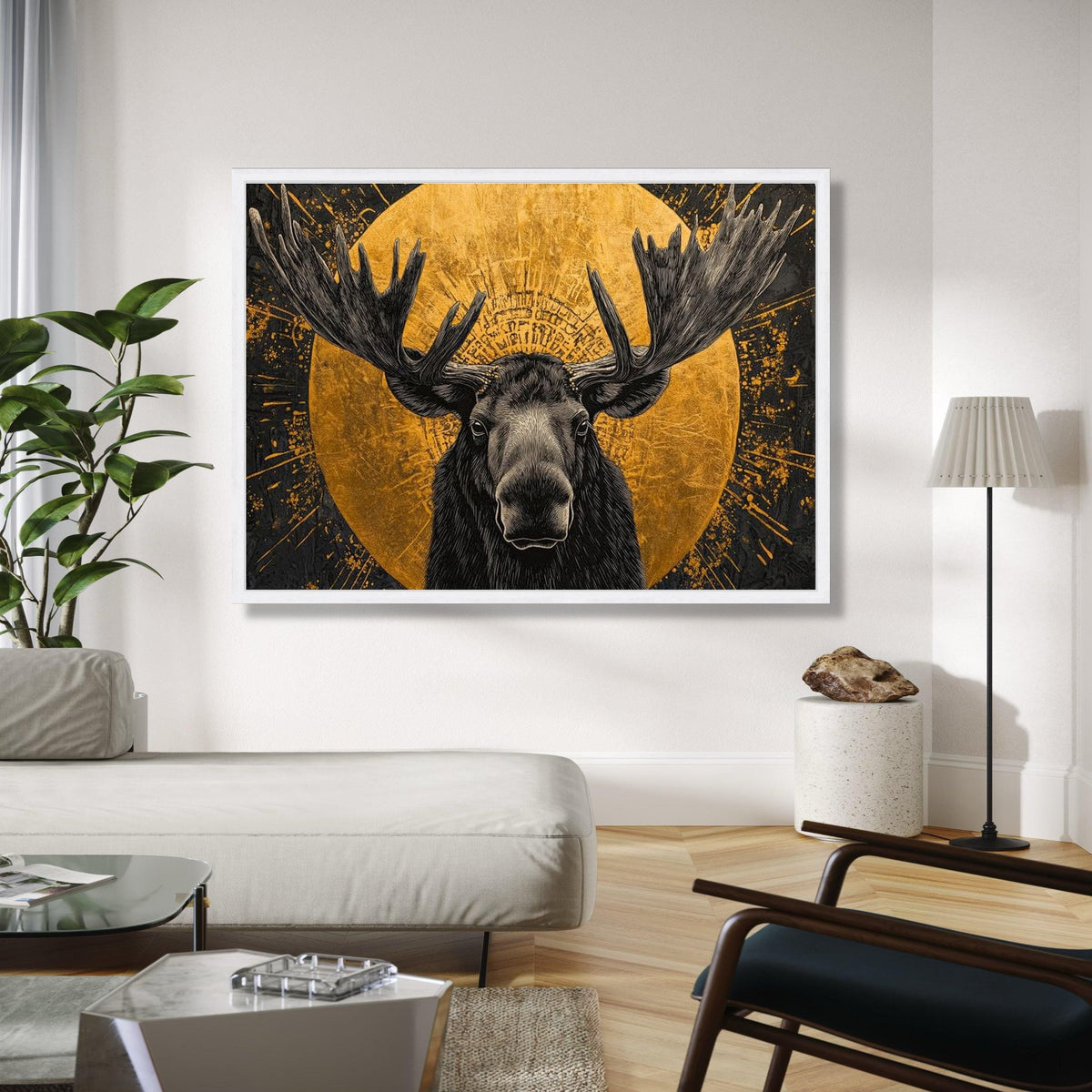 Majestic Moose Canvas Wall Art, Gold Circle Animal Portrait, Wildlife Illustration Canvas, Rustic Lodge Decor, Gift Art, Home Decor, Print