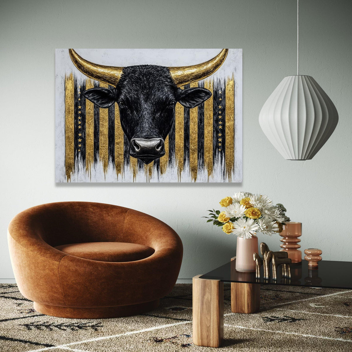 Black Bull Head Canvas Art, Gold American Flag Background, Western Rustic Wall Decor, Farmhouse Canvas Wall Art, Gift Art, Home Decor, Print