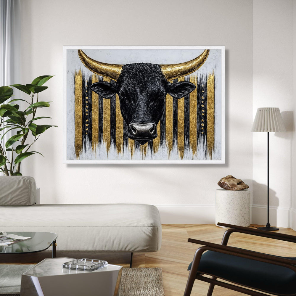 Black Bull Head Canvas Art, Gold American Flag Background, Western Rustic Wall Decor, Farmhouse Canvas Wall Art, Gift Art, Home Decor, Print
