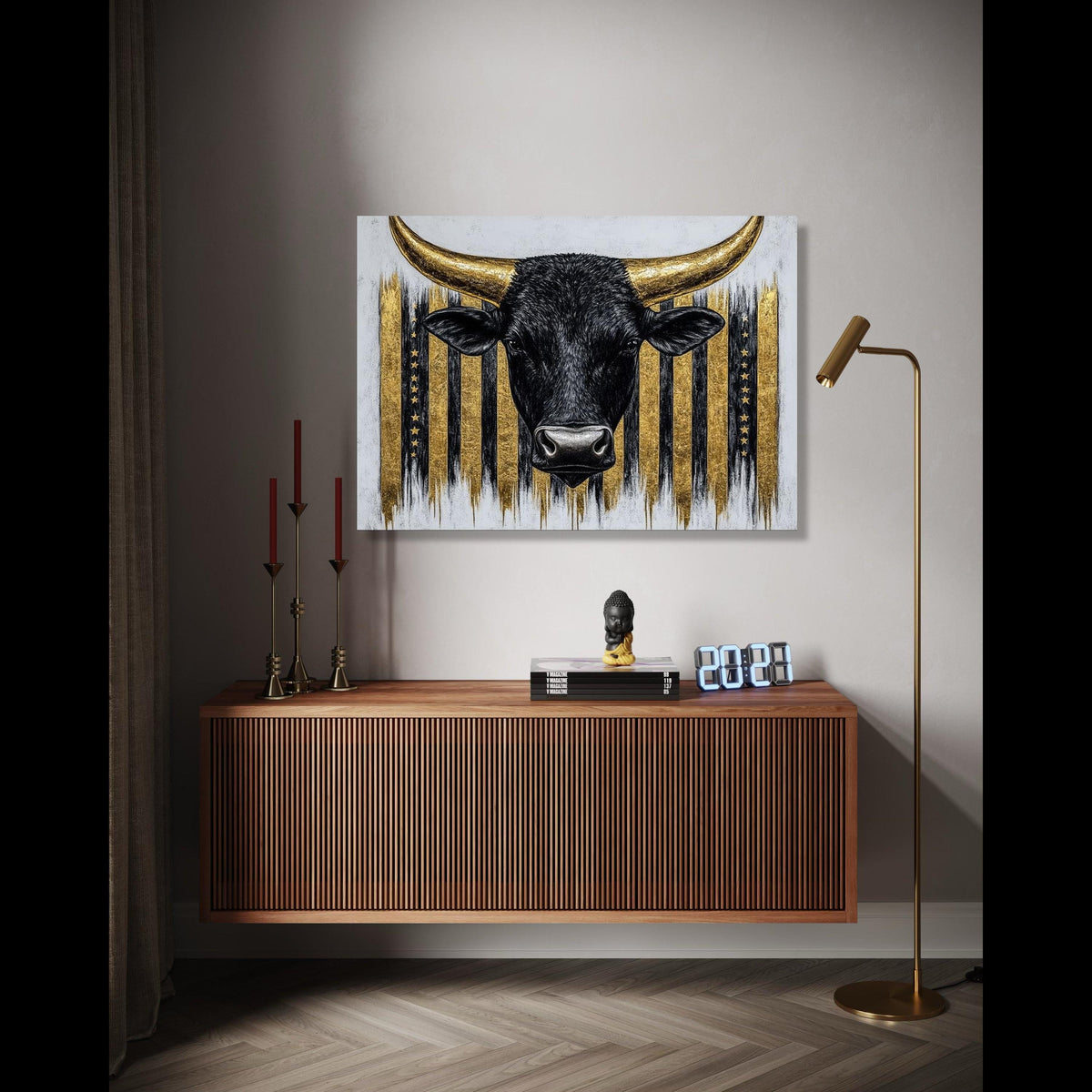 Black Bull Head Canvas Art, Gold American Flag Background, Western Rustic Wall Decor, Farmhouse Canvas Wall Art, Gift Art, Home Decor, Print