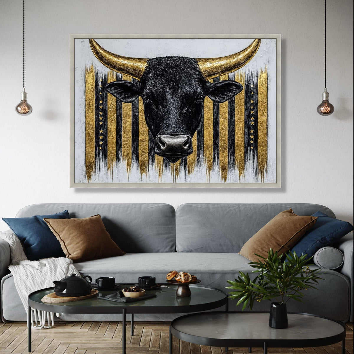 Black Bull Head Canvas Art, Gold American Flag Background, Western Rustic Wall Decor, Farmhouse Canvas Wall Art, Gift Art, Home Decor, Print