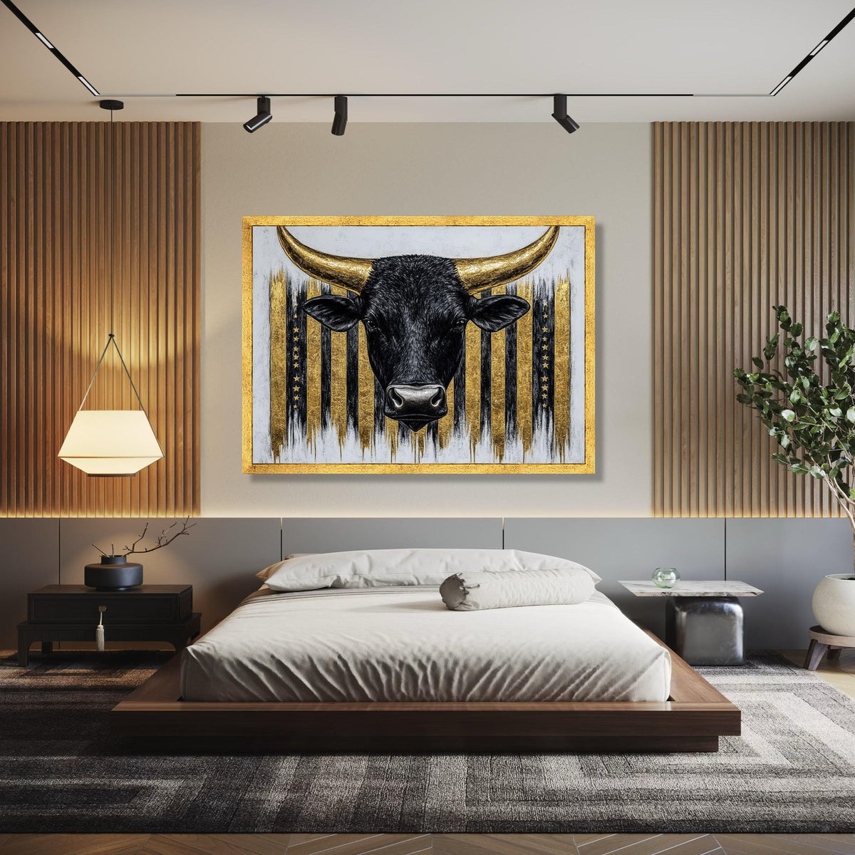 Black Bull Head Canvas Art, Gold American Flag Background, Western Rustic Wall Decor, Farmhouse Canvas Wall Art, Gift Art, Home Decor, Print