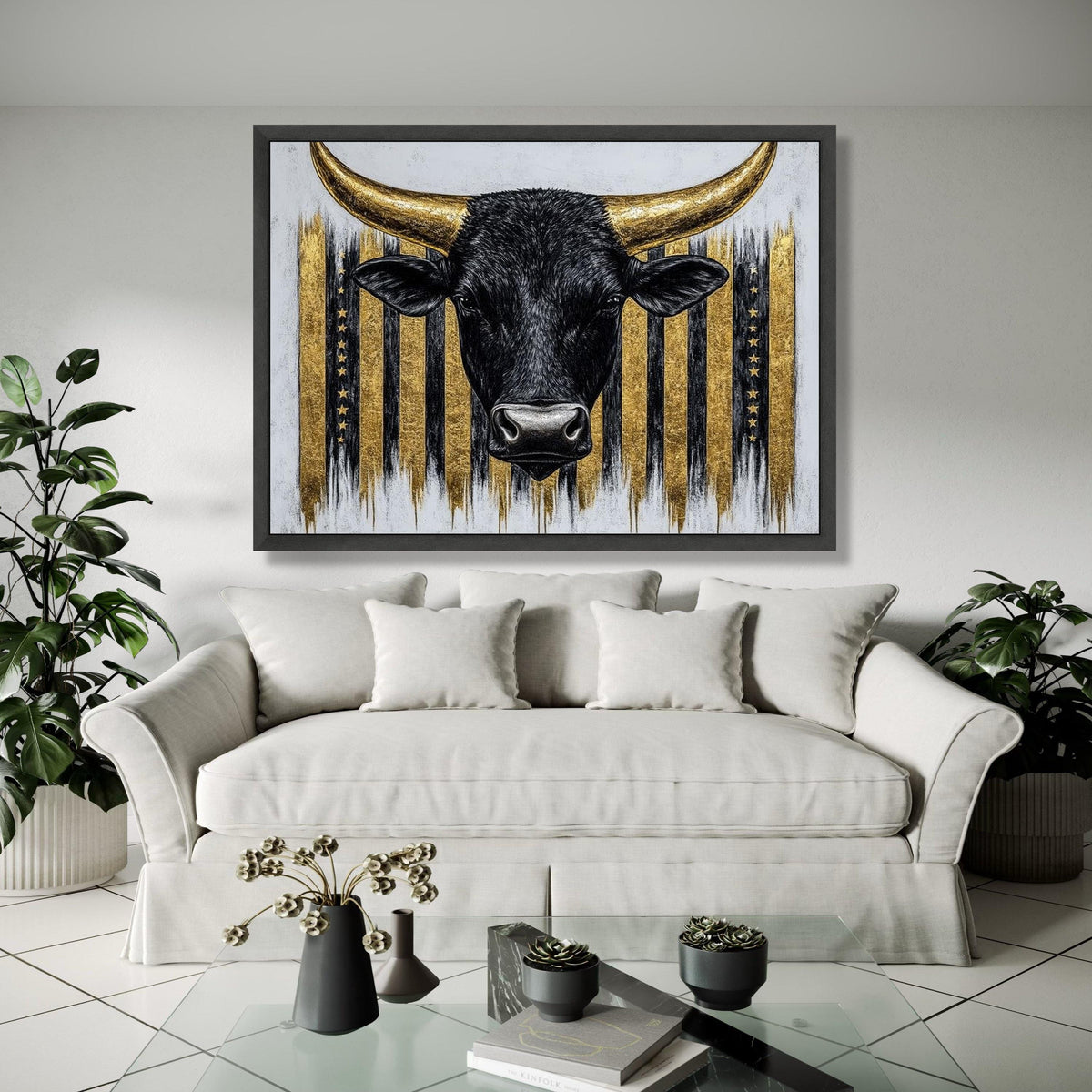 Black Bull Head Canvas Art, Gold American Flag Background, Western Rustic Wall Decor, Farmhouse Canvas Wall Art, Gift Art, Home Decor, Print