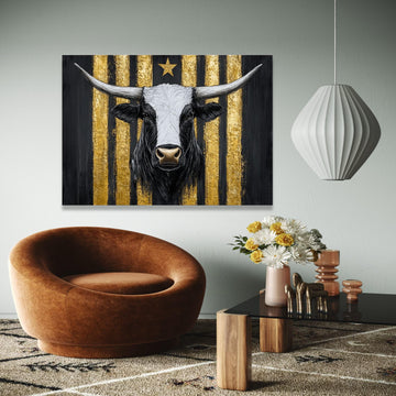 Longhorn Bull Canvas Wall Art, Gold Stripe Background, Rustic Animal Painting, Western Farmhouse Decor, Bold Gift Art, Home Decor, Print