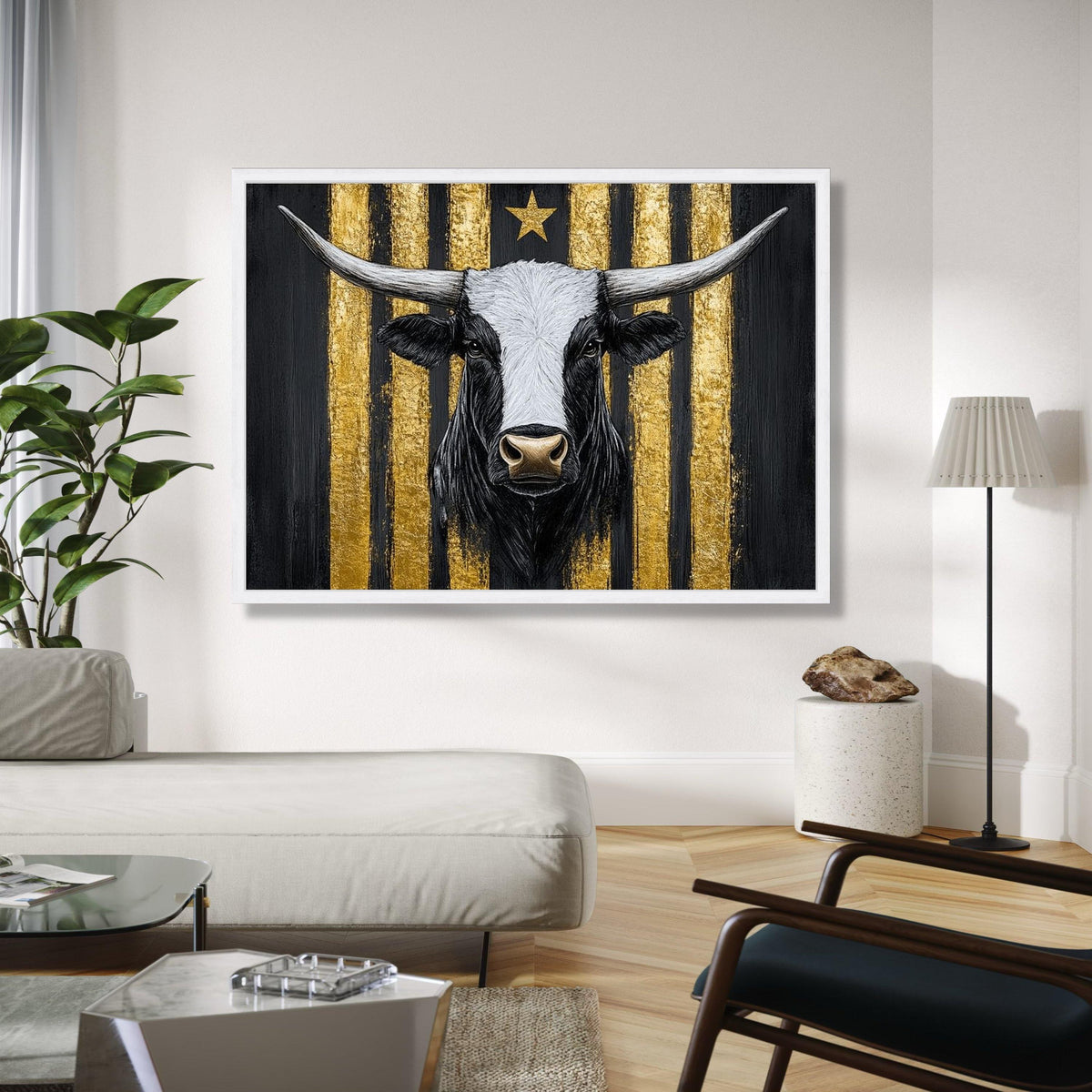 Longhorn Bull Canvas Wall Art, Gold Stripe Background, Rustic Animal Painting, Western Farmhouse Decor, Bold Gift Art, Home Decor, Print