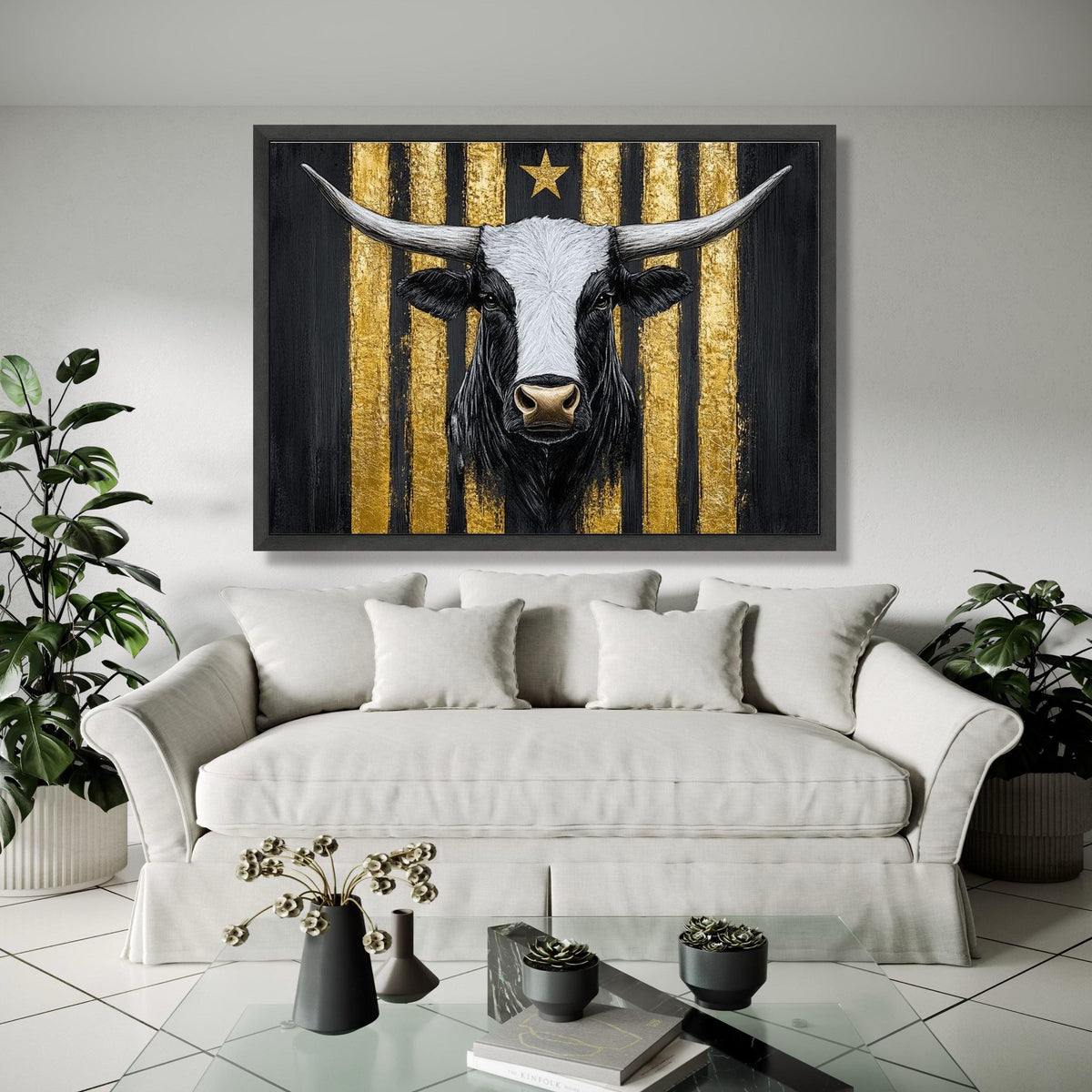 Longhorn Bull Canvas Wall Art, Gold Stripe Background, Rustic Animal Painting, Western Farmhouse Decor, Bold Gift Art, Home Decor, Print