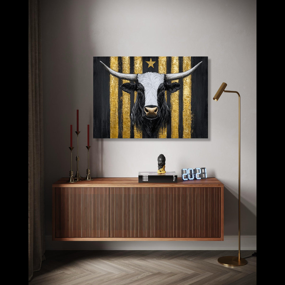 Longhorn Bull Canvas Wall Art, Gold Stripe Background, Rustic Animal Painting, Western Farmhouse Decor, Bold Gift Art, Home Decor, Print