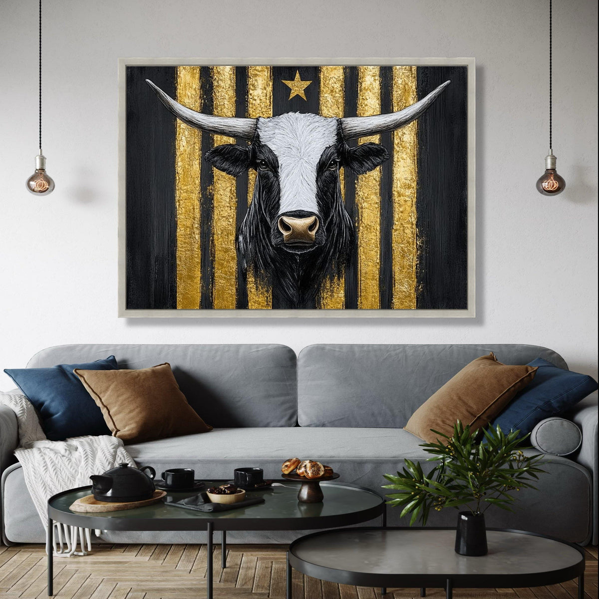 Longhorn Bull Canvas Wall Art, Gold Stripe Background, Rustic Animal Painting, Western Farmhouse Decor, Bold Gift Art, Home Decor, Print