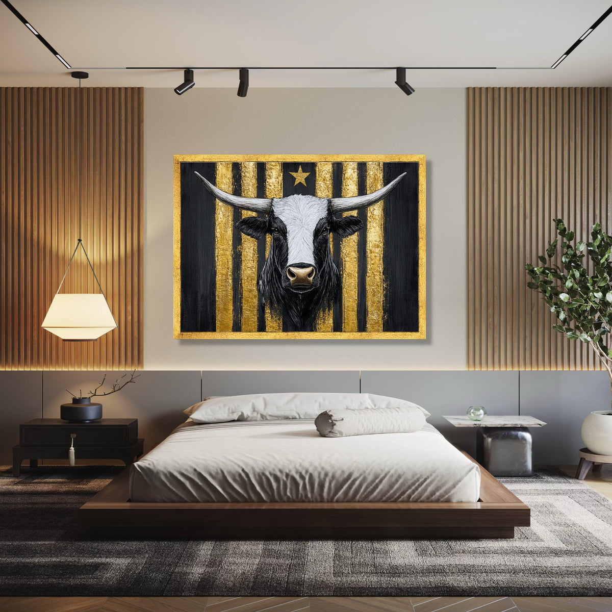 Longhorn Bull Canvas Wall Art, Gold Stripe Background, Rustic Animal Painting, Western Farmhouse Decor, Bold Gift Art, Home Decor, Print