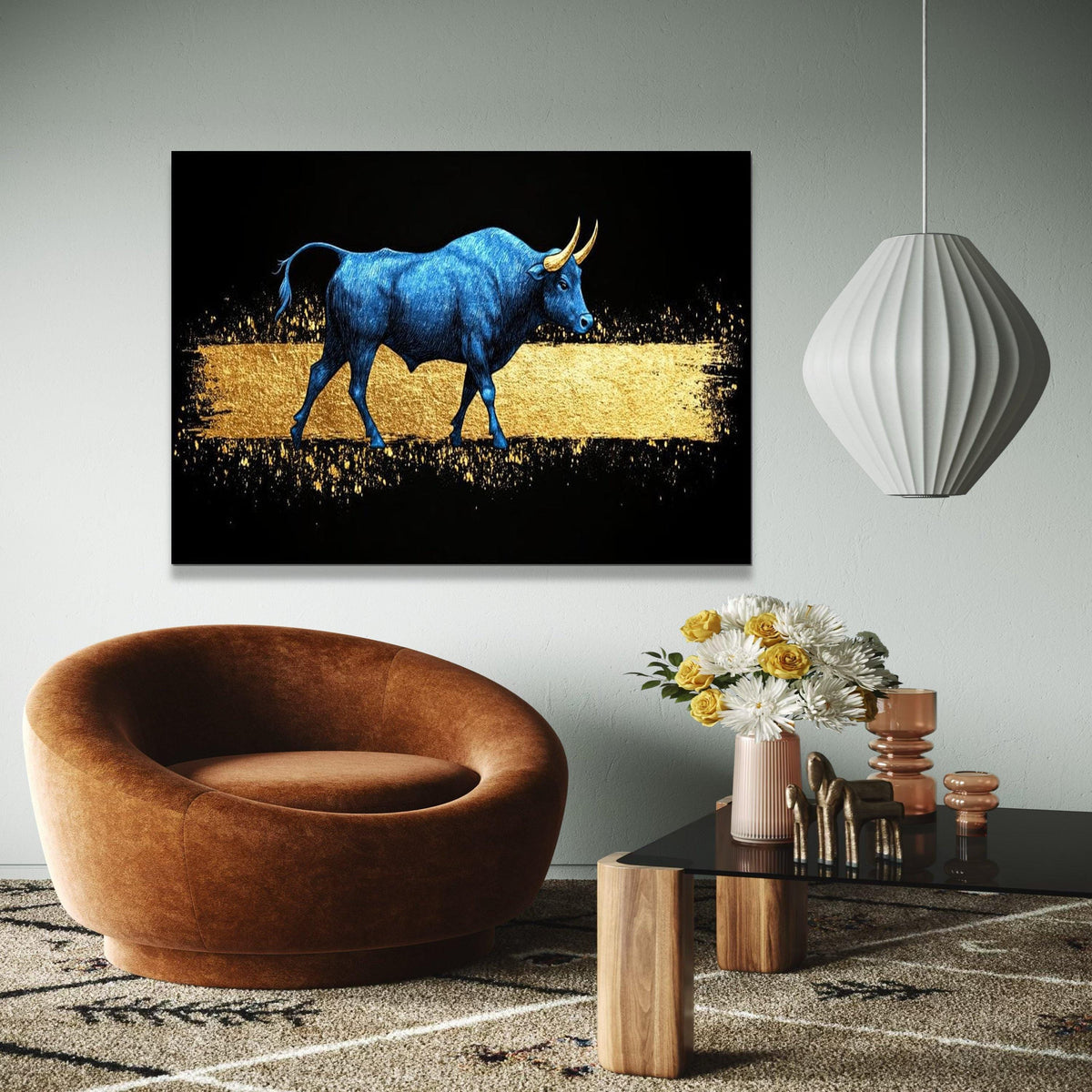Blue Bull Canvas Wall Art, Golden Abstract, Modern Animal Artwork, Metallic Effect Canvas, Contemporary Home Gift Art, Home Decor, Print