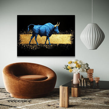 Blue Bull Canvas Wall Art, Golden Abstract, Modern Animal Artwork, Metallic Effect Canvas, Contemporary Home Gift Art, Home Decor, Print