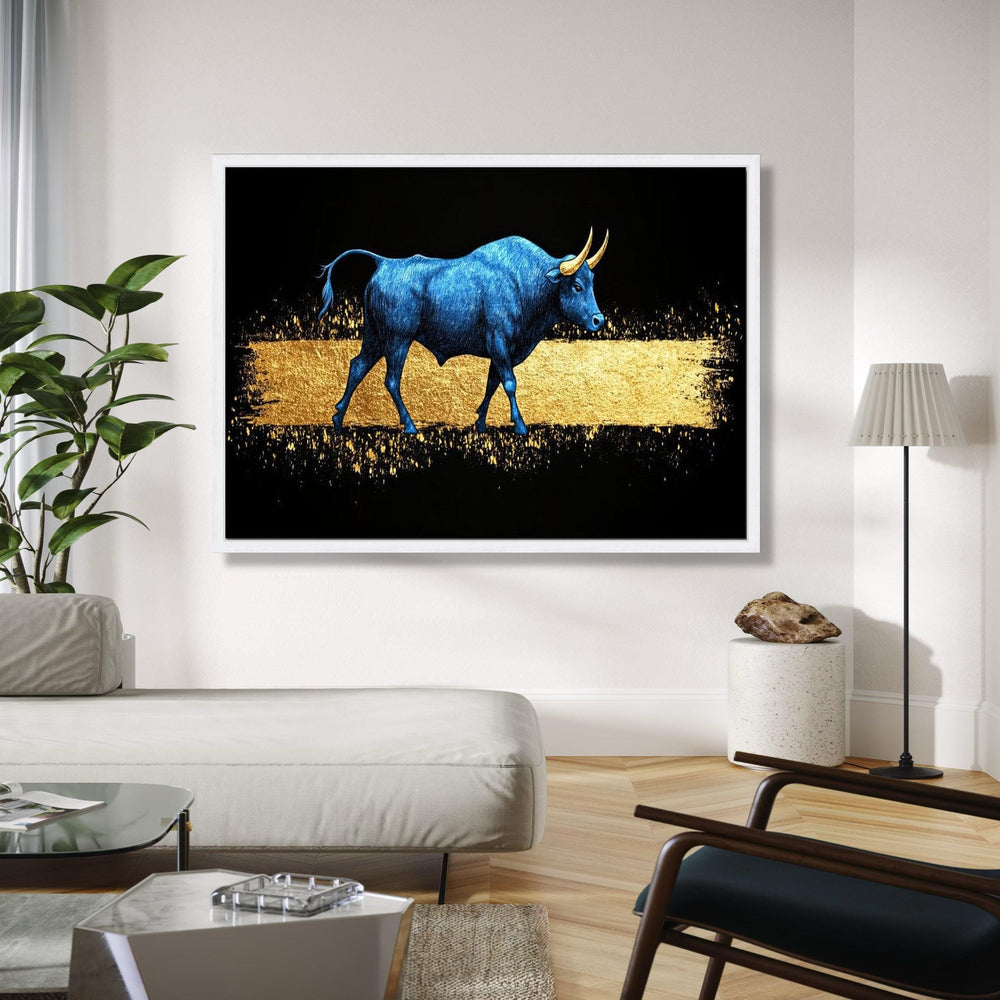 Blue Bull Canvas Wall Art, Golden Abstract, Modern Animal Artwork, Metallic Effect Canvas, Contemporary Home Gift Art, Home Decor, Print