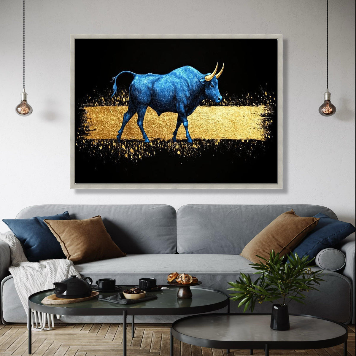Blue Bull Canvas Wall Art, Golden Abstract, Modern Animal Artwork, Metallic Effect Canvas, Contemporary Home Gift Art, Home Decor, Print
