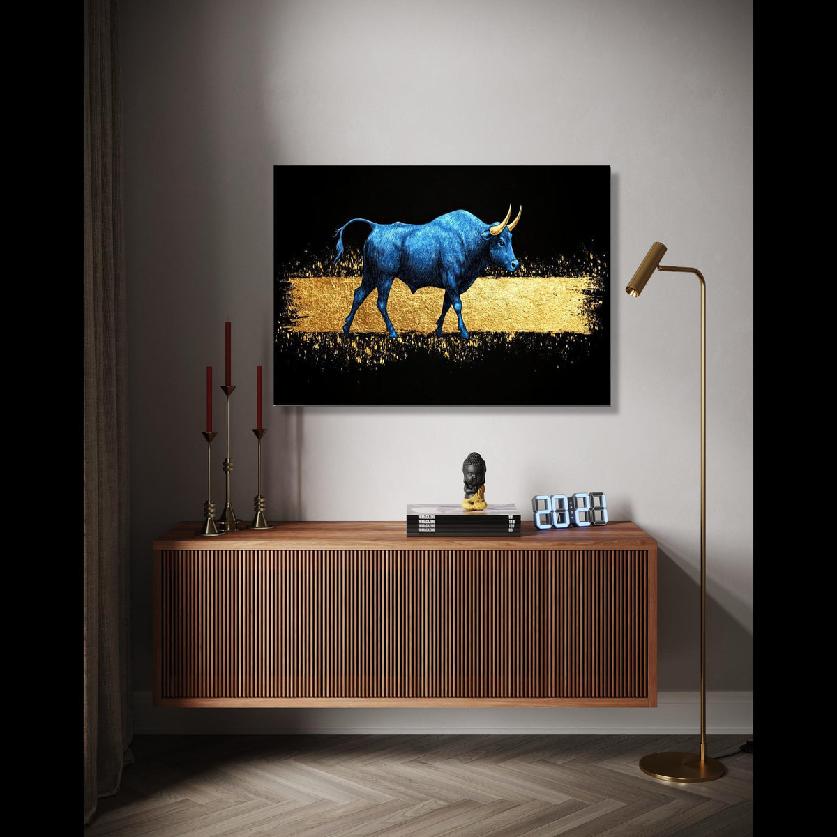 Blue Bull Canvas Wall Art, Golden Abstract, Modern Animal Artwork, Metallic Effect Canvas, Contemporary Home Gift Art, Home Decor, Print