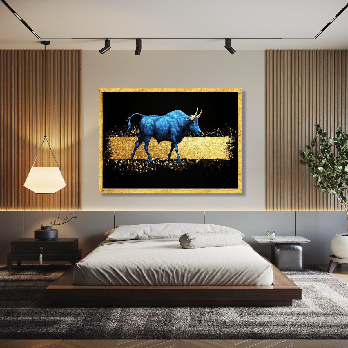 Blue Bull Canvas Wall Art, Golden Abstract, Modern Animal Artwork, Metallic Effect Canvas, Contemporary Home Gift Art, Home Decor, Print