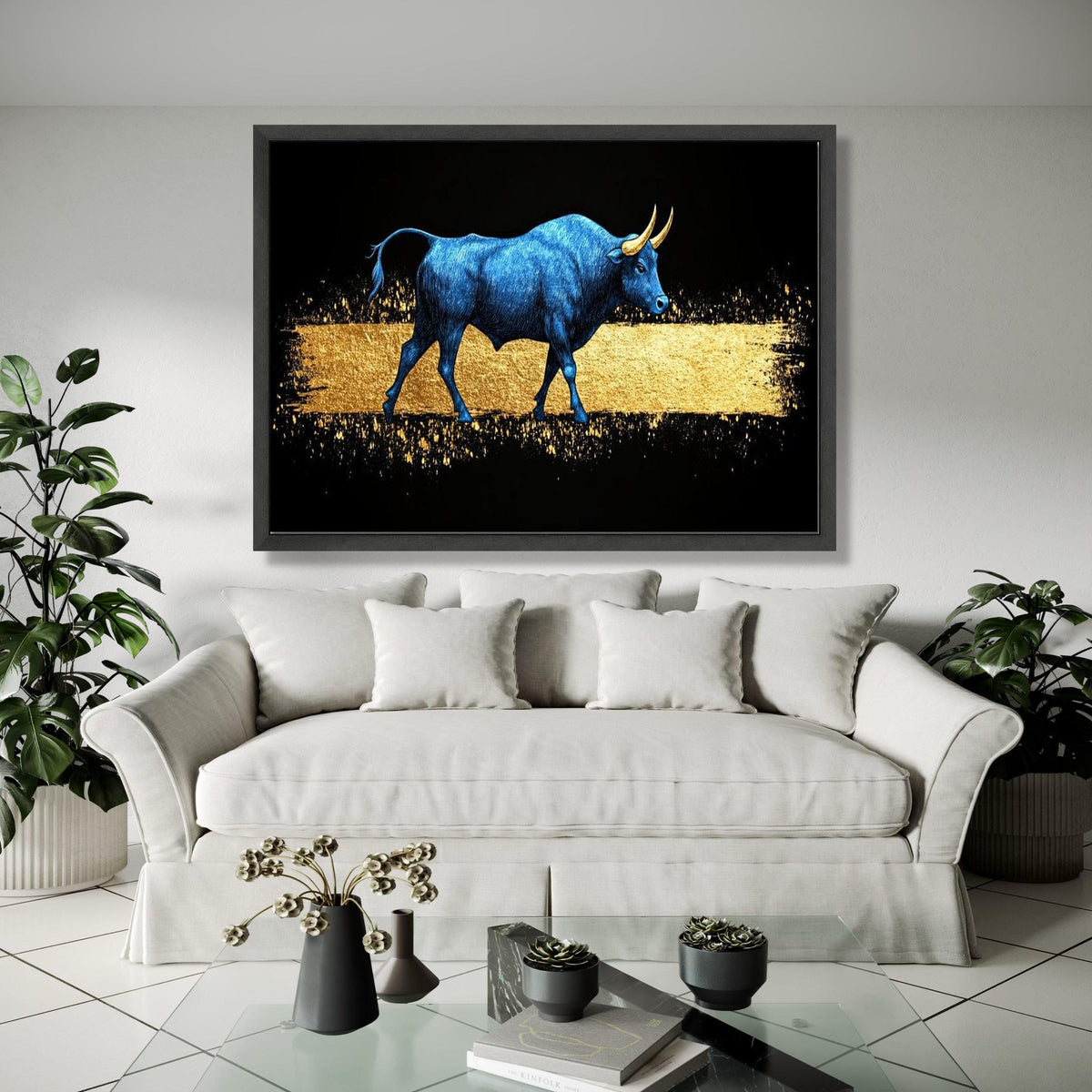 Blue Bull Canvas Wall Art, Golden Abstract, Modern Animal Artwork, Metallic Effect Canvas, Contemporary Home Gift Art, Home Decor, Print