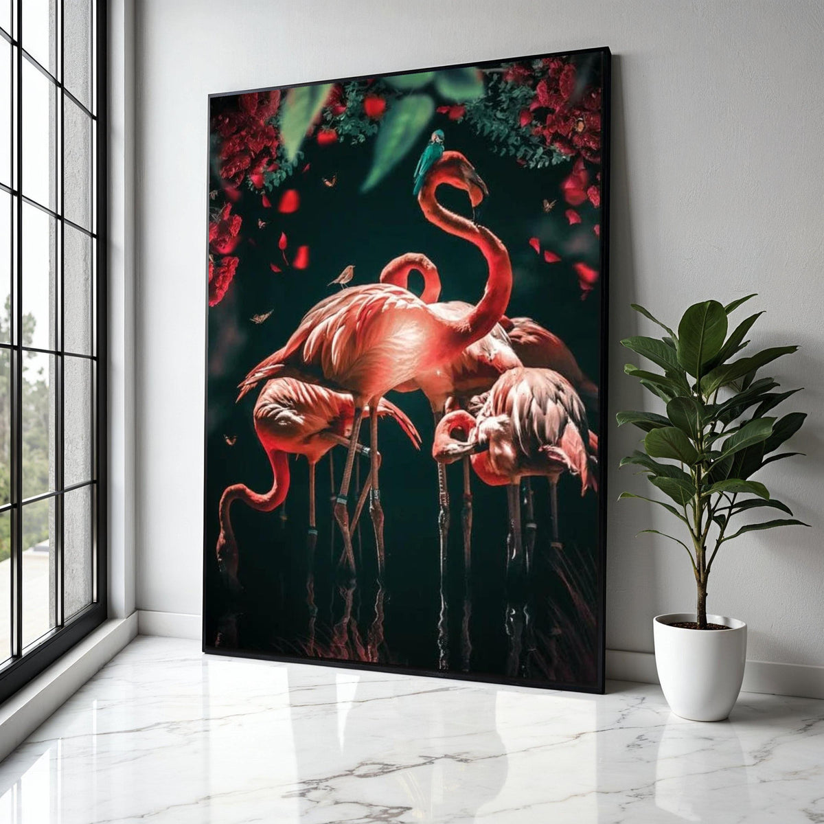 Vibrant Flamingos in Bloom, Tropical Birds Canvas Wall Art, Nature Wildlife Decoration, Floral and Animal Gift Art, Home Decor, Print