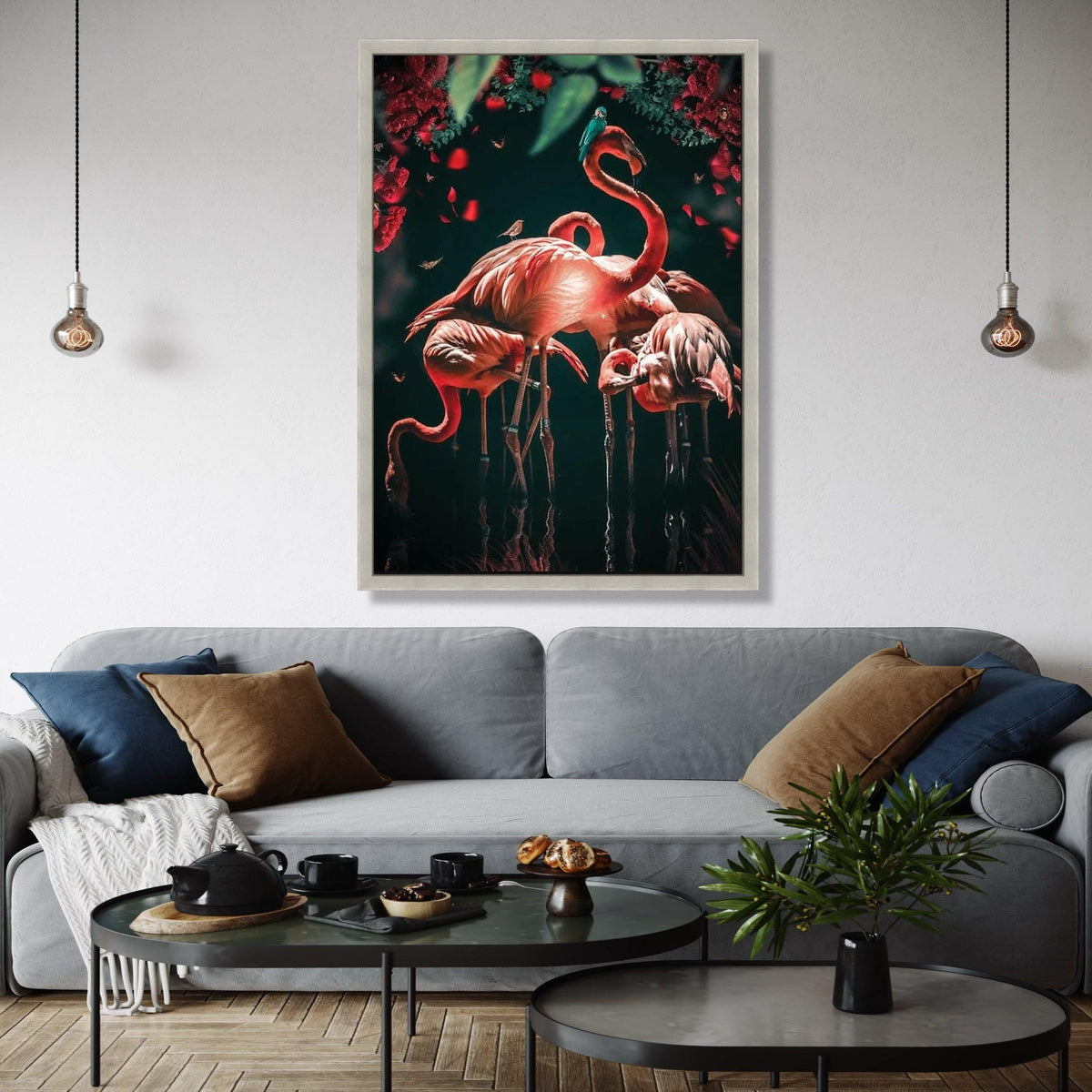 Vibrant Flamingos in Bloom, Tropical Birds Canvas Wall Art, Nature Wildlife Decoration, Floral and Animal Gift Art, Home Decor, Print