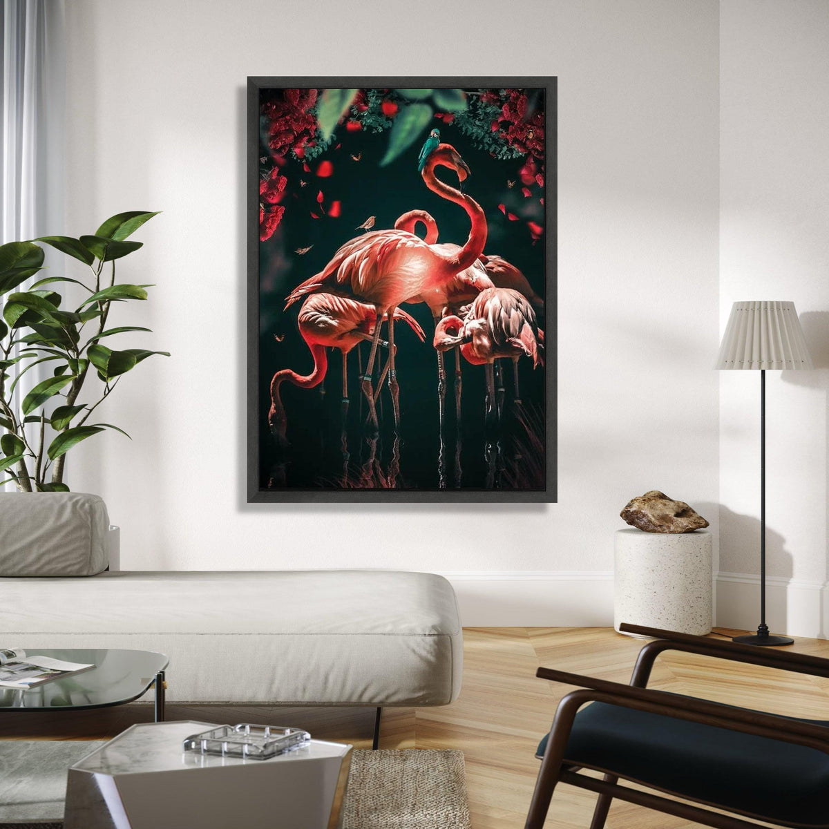 Vibrant Flamingos in Bloom, Tropical Birds Canvas Wall Art, Nature Wildlife Decoration, Floral and Animal Gift Art, Home Decor, Print