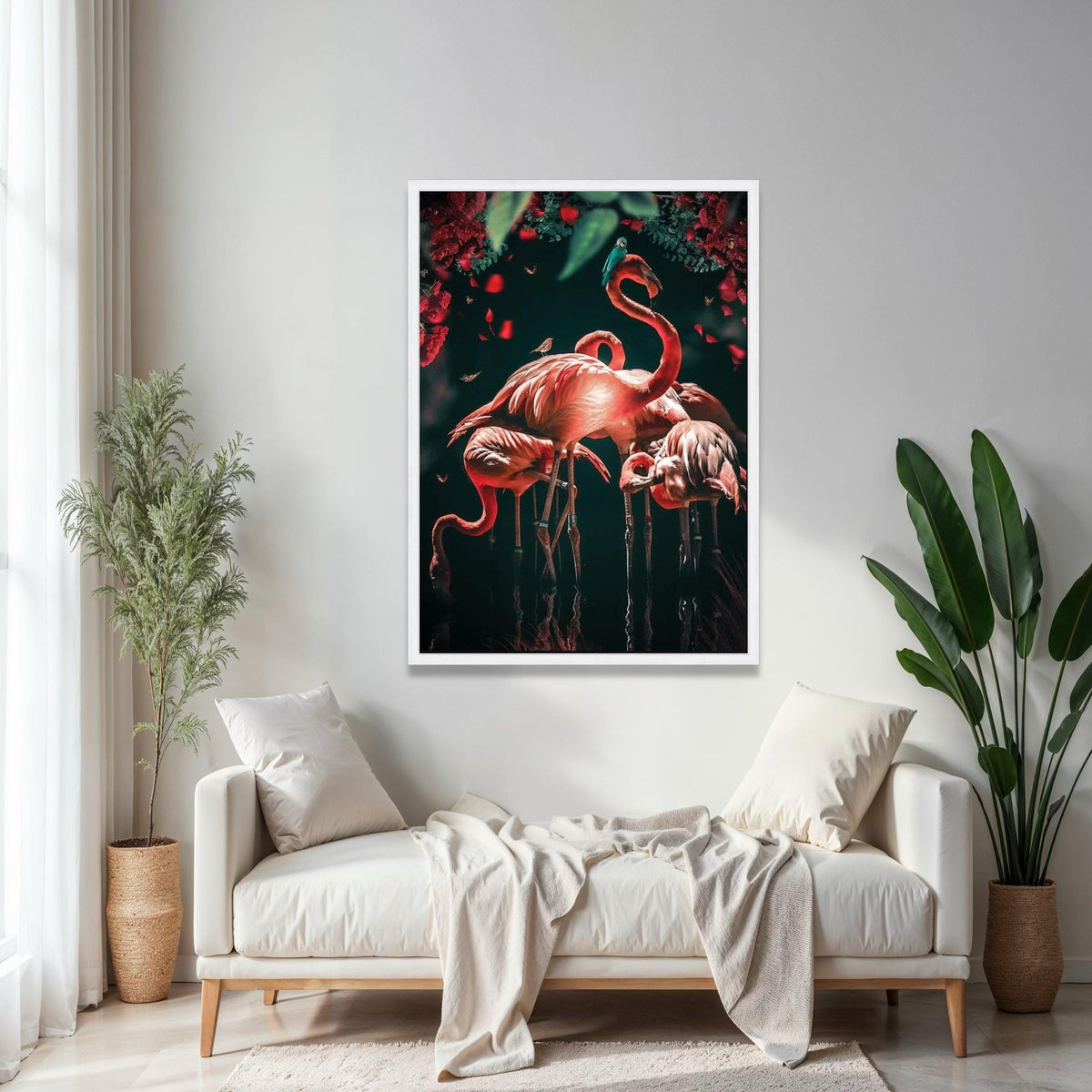 Vibrant Flamingos in Bloom, Tropical Birds Canvas Wall Art, Nature Wildlife Decoration, Floral and Animal Gift Art, Home Decor, Print