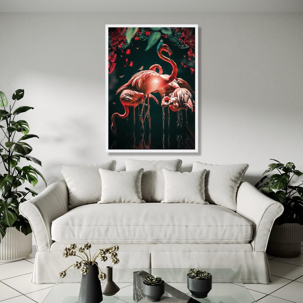 Vibrant Flamingos in Bloom, Tropical Birds Canvas Wall Art, Nature Wildlife Decoration, Floral and Animal Gift Art, Home Decor, Print