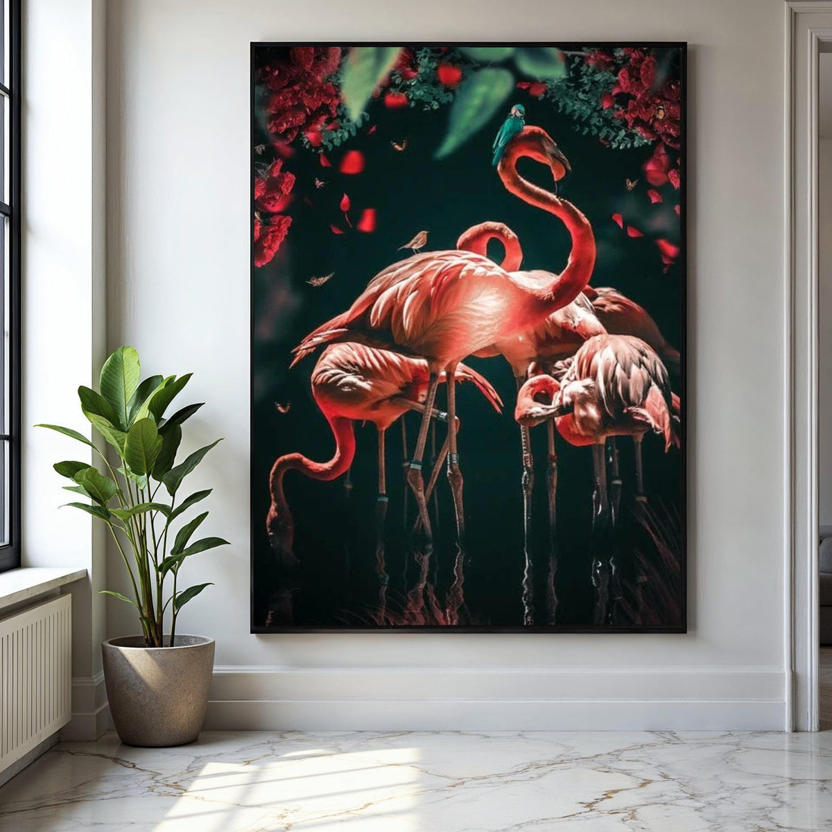 Vibrant Flamingos in Bloom, Tropical Birds Canvas Wall Art, Nature Wildlife Decoration, Floral and Animal Gift Art, Home Decor, Print