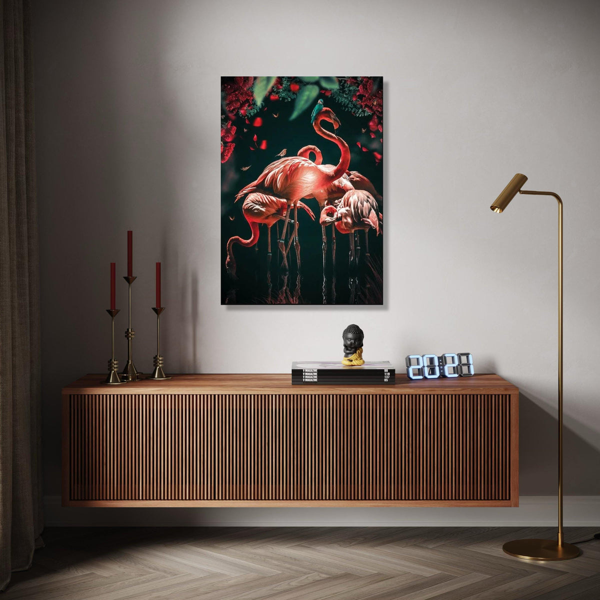 Vibrant Flamingos in Bloom, Tropical Birds Canvas Wall Art, Nature Wildlife Decoration, Floral and Animal Gift Art, Home Decor, Print