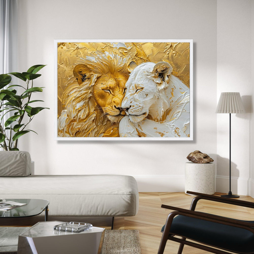 Regal Lion and Lioness Canvas, Gold and White Animal Wall Art, Wildlife Painting, Elegant Safari Decor, Ready to Gift Art, Home Decor, Print