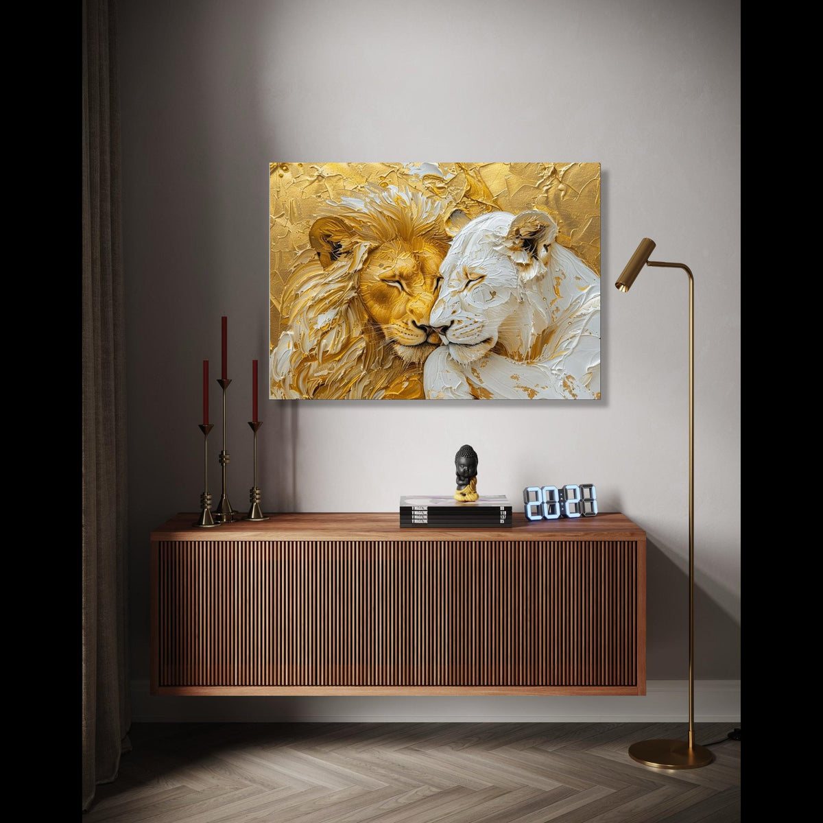 Regal Lion and Lioness Canvas, Gold and White Animal Wall Art, Wildlife Painting, Elegant Safari Decor, Ready to Gift Art, Home Decor, Print