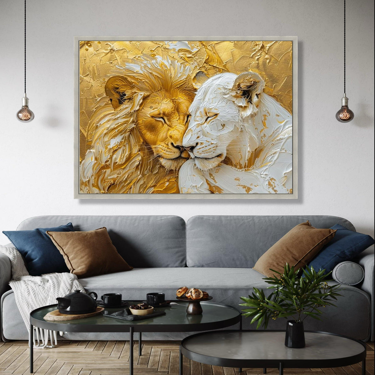Regal Lion and Lioness Canvas, Gold and White Animal Wall Art, Wildlife Painting, Elegant Safari Decor, Ready to Gift Art, Home Decor, Print