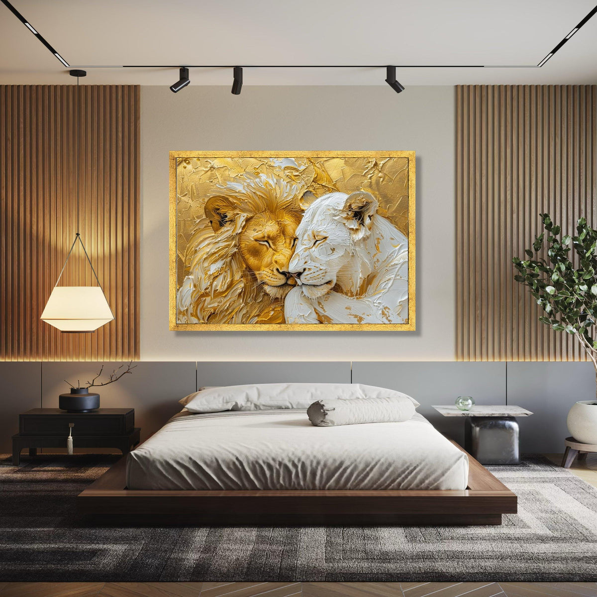 Regal Lion and Lioness Canvas, Gold and White Animal Wall Art, Wildlife Painting, Elegant Safari Decor, Ready to Gift Art, Home Decor, Print