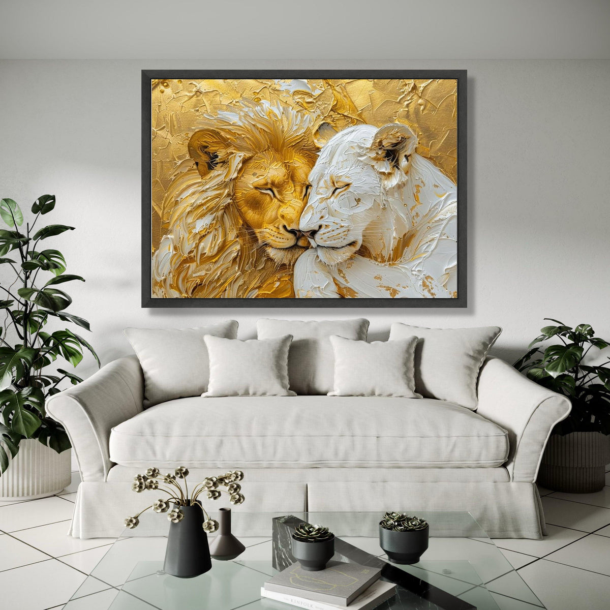 Regal Lion and Lioness Canvas, Gold and White Animal Wall Art, Wildlife Painting, Elegant Safari Decor, Ready to Gift Art, Home Decor, Print