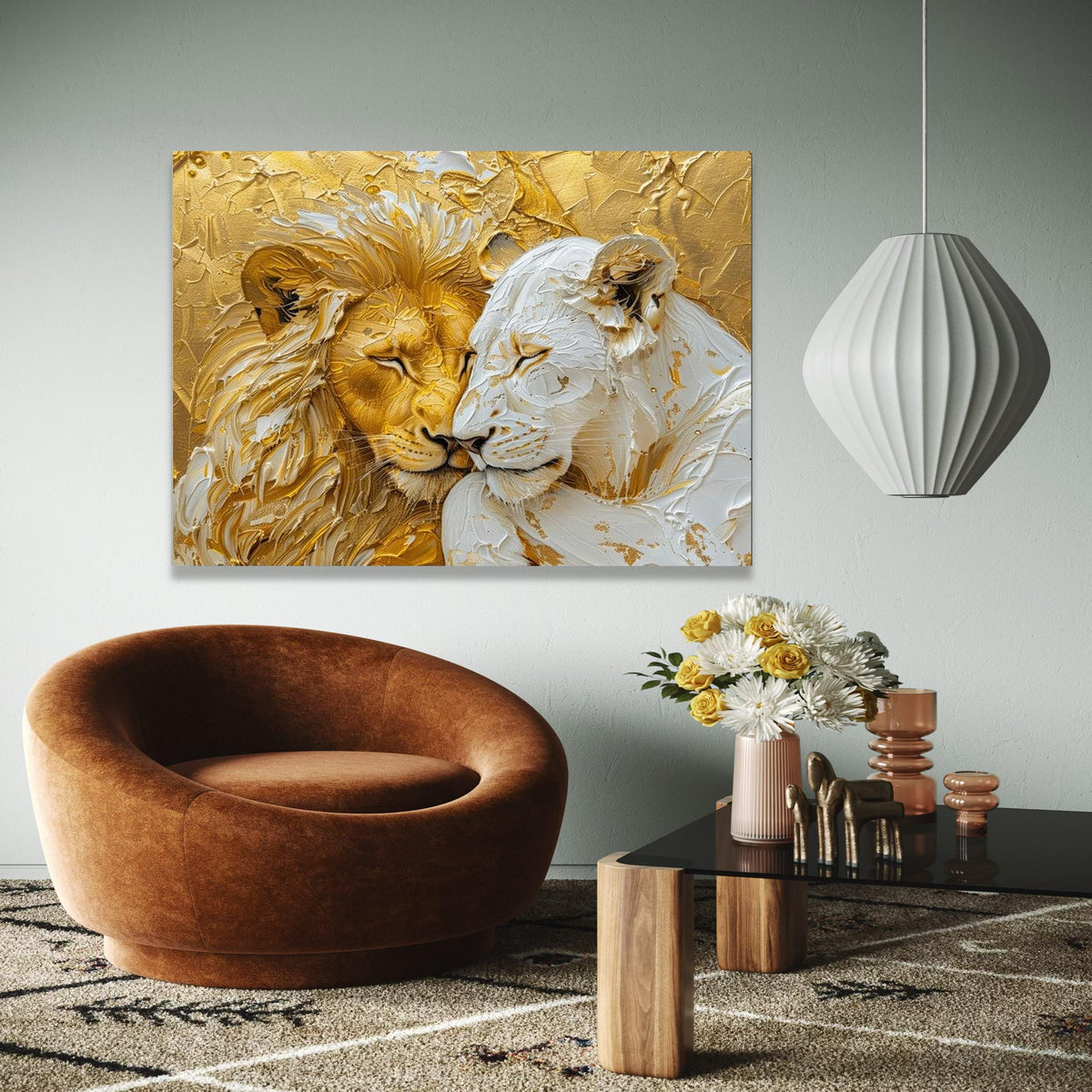 Regal Lion and Lioness Canvas, Gold and White Animal Wall Art, Wildlife Painting, Elegant Safari Decor, Ready to Gift Art, Home Decor, Print