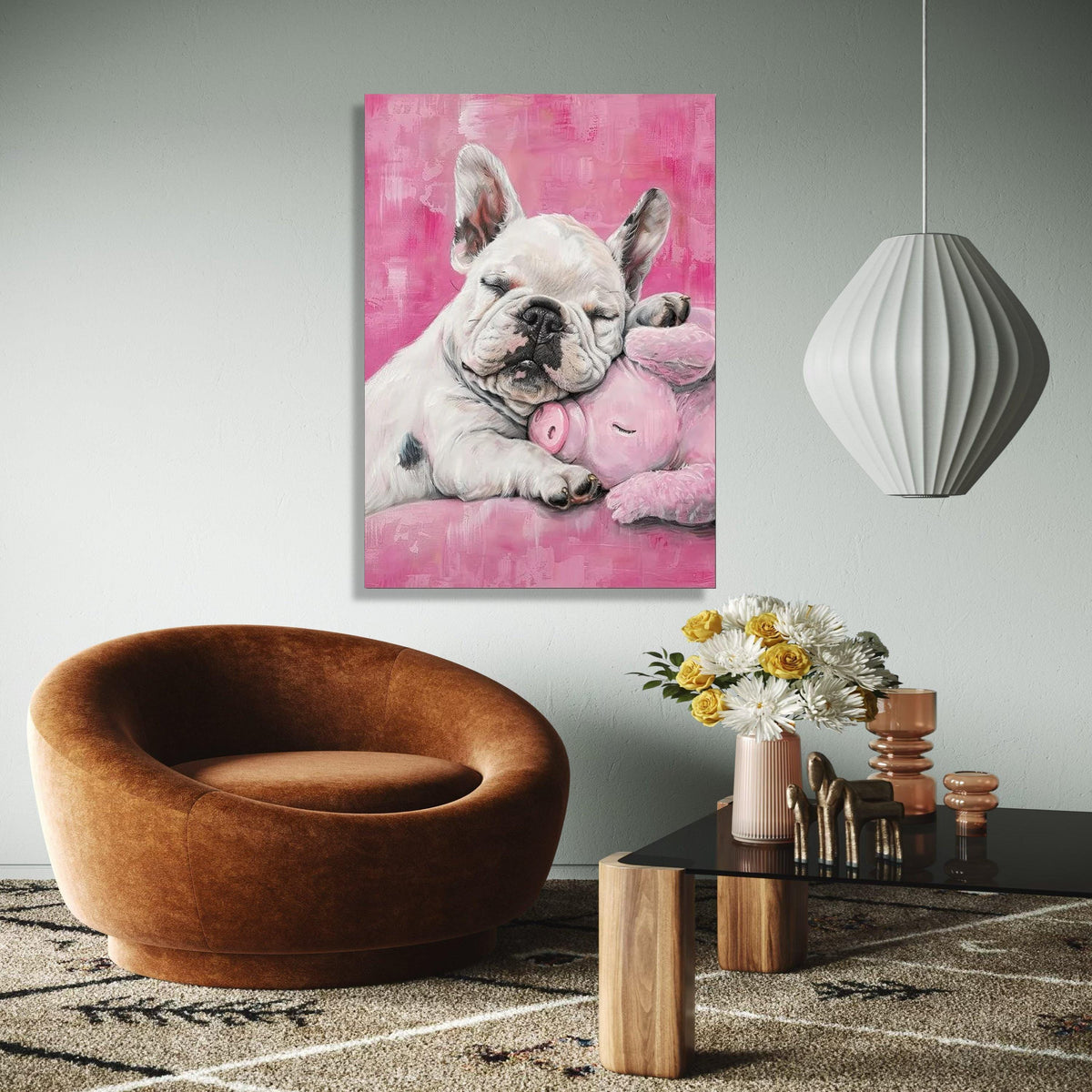 Sleeping French Bulldog with Pink Plush Pig, Cute Nursery Canvas Wall Art, Adorable Pet Animal Decor, Soft Gift Art, Home Decor, Print