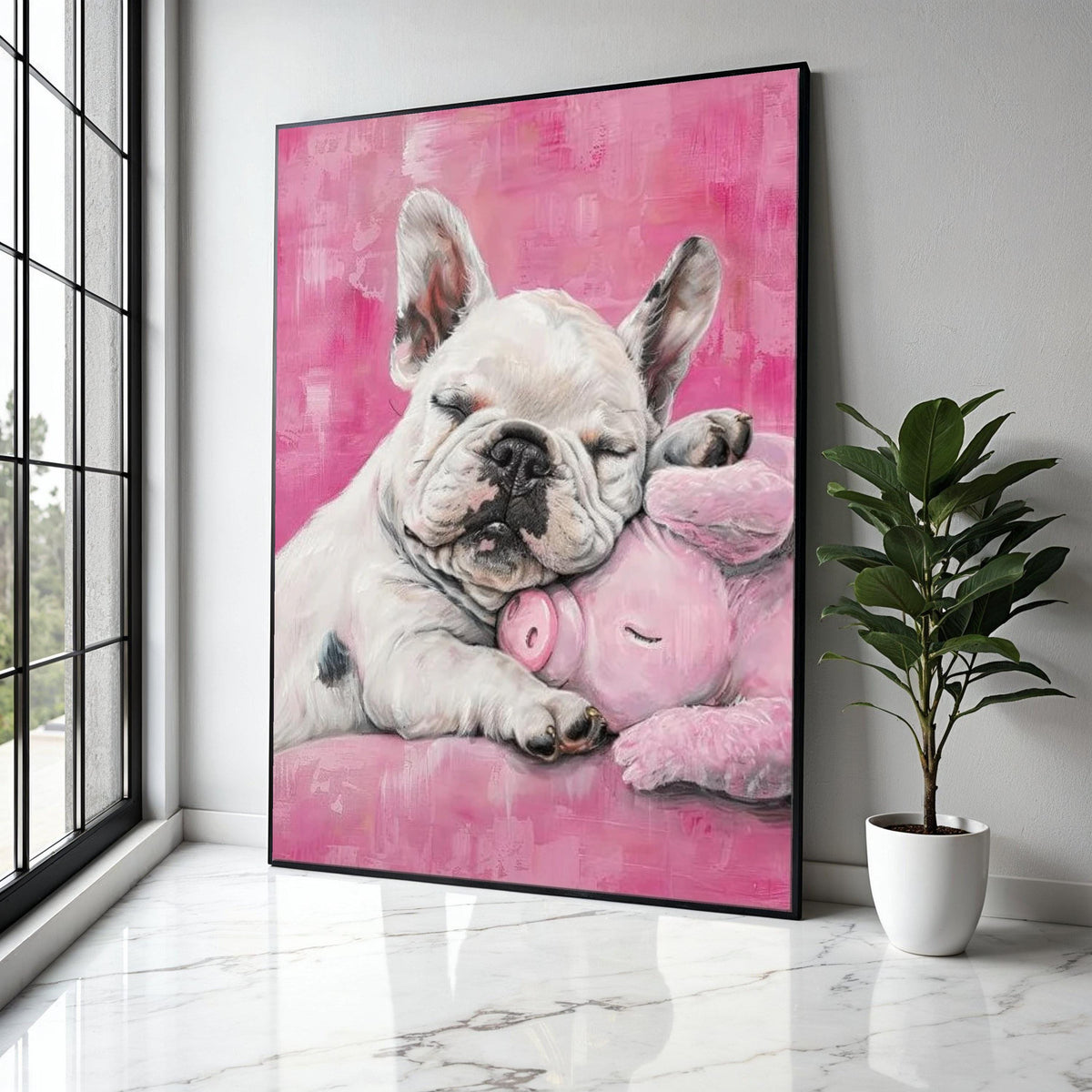 Sleeping French Bulldog with Pink Plush Pig, Cute Nursery Canvas Wall Art, Adorable Pet Animal Decor, Soft Gift Art, Home Decor, Print