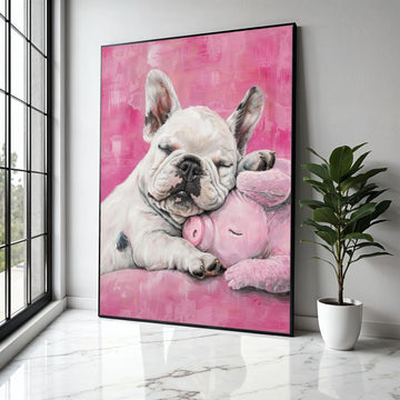 Sleeping French Bulldog with Pink Plush Pig, Cute Nursery Canvas Wall Art, Adorable Pet Animal Decor, Soft Gift Art, Home Decor, Print