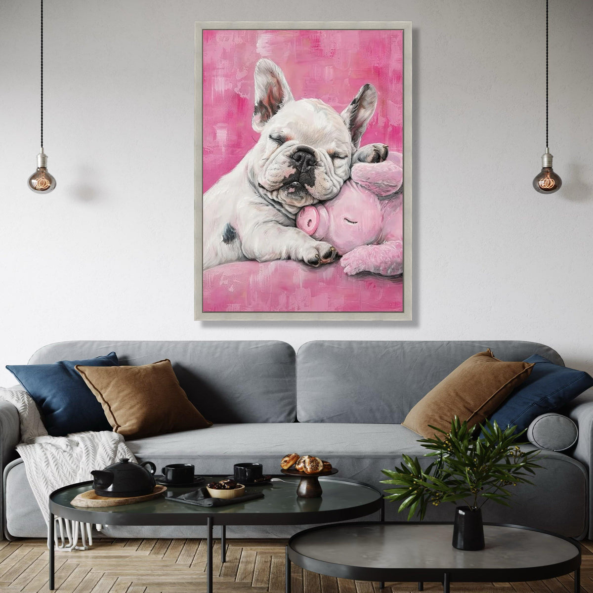 Sleeping French Bulldog with Pink Plush Pig, Cute Nursery Canvas Wall Art, Adorable Pet Animal Decor, Soft Gift Art, Home Decor, Print