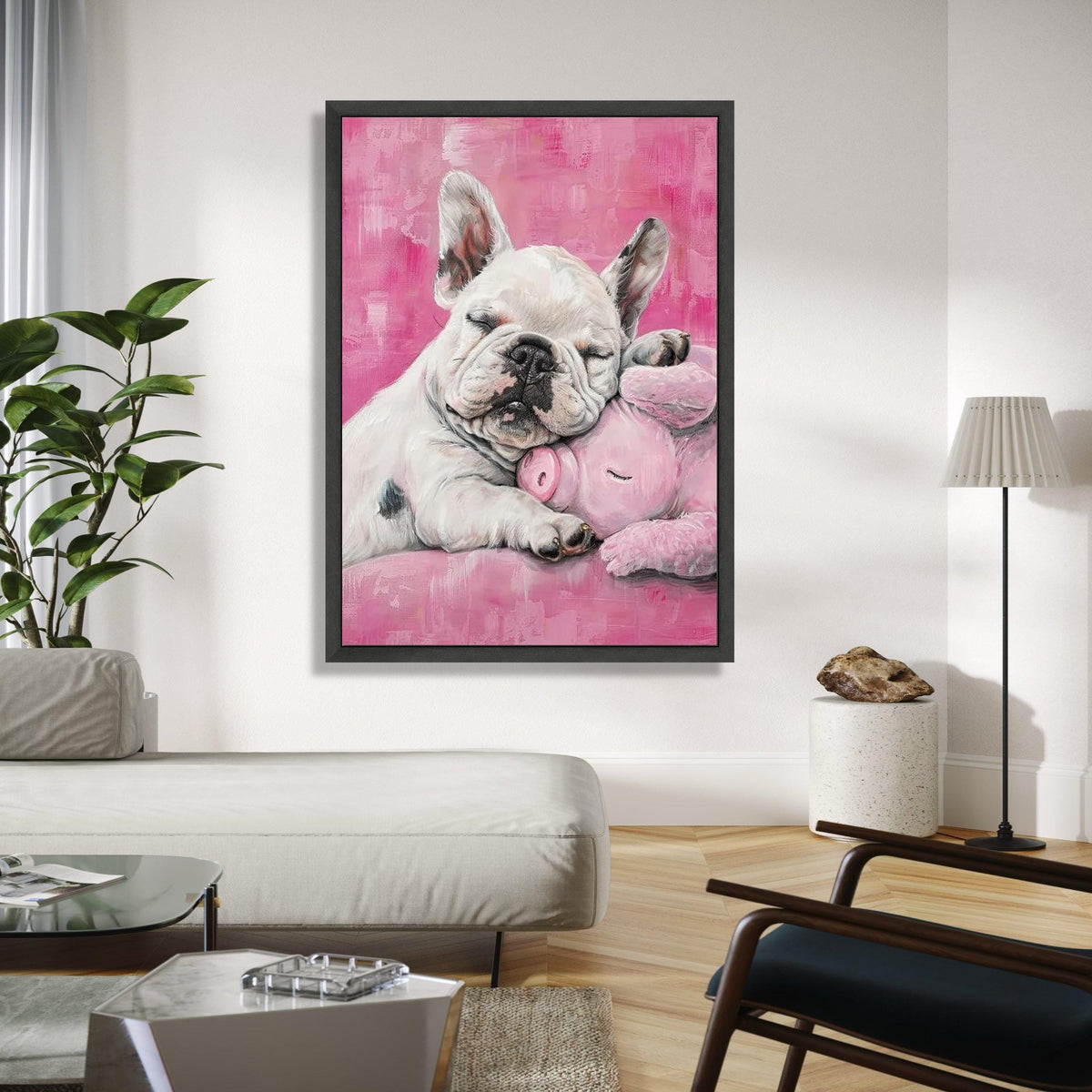 Sleeping French Bulldog with Pink Plush Pig, Cute Nursery Canvas Wall Art, Adorable Pet Animal Decor, Soft Gift Art, Home Decor, Print
