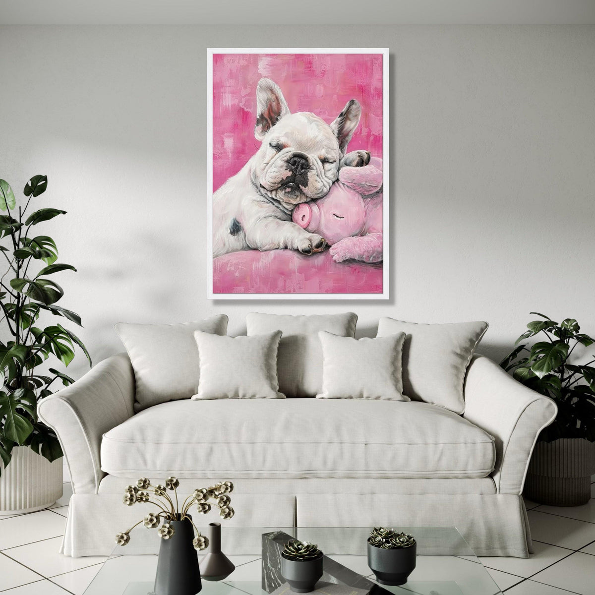 Sleeping French Bulldog with Pink Plush Pig, Cute Nursery Canvas Wall Art, Adorable Pet Animal Decor, Soft Gift Art, Home Decor, Print