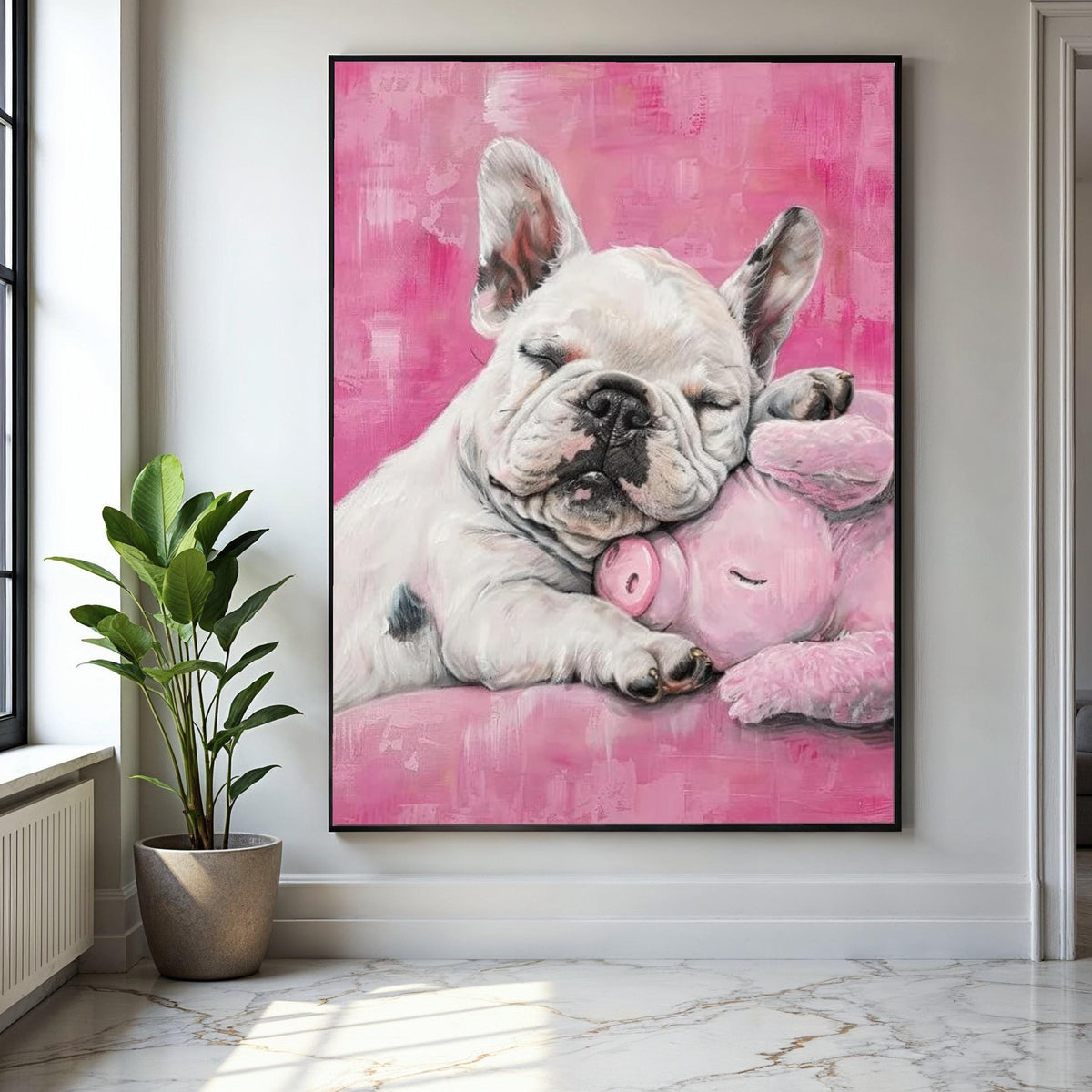 Sleeping French Bulldog with Pink Plush Pig, Cute Nursery Canvas Wall Art, Adorable Pet Animal Decor, Soft Gift Art, Home Decor, Print