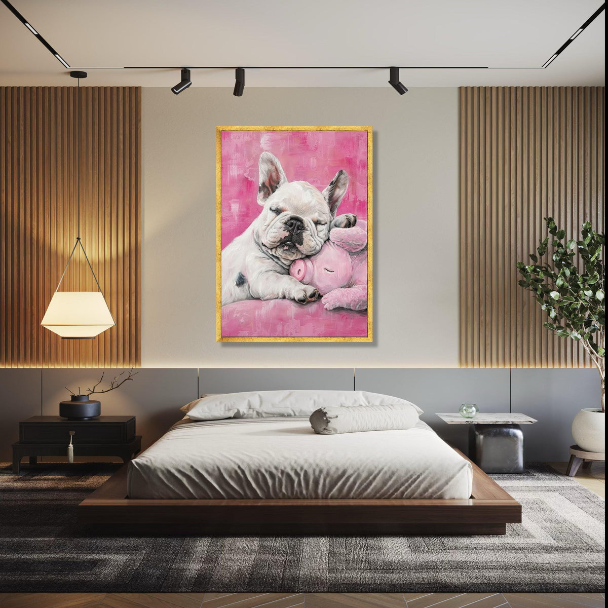 Sleeping French Bulldog with Pink Plush Pig, Cute Nursery Canvas Wall Art, Adorable Pet Animal Decor, Soft Gift Art, Home Decor, Print
